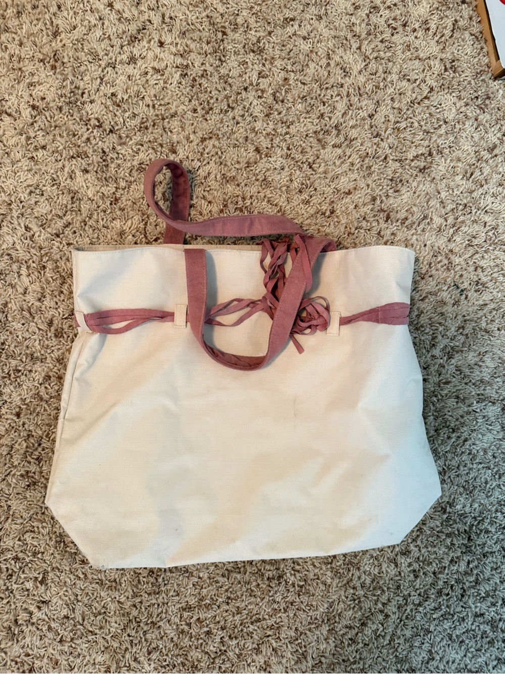 Lancome Cream Canvas Tote with Mauve Straps